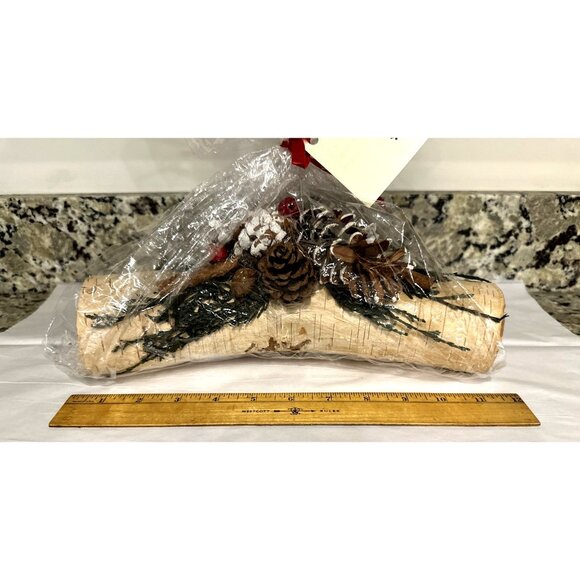 Decorative Holiday Yule Log Christmas Centerpiece 11" Birch, Pine Cones, Berries - Picture 8 of 12
